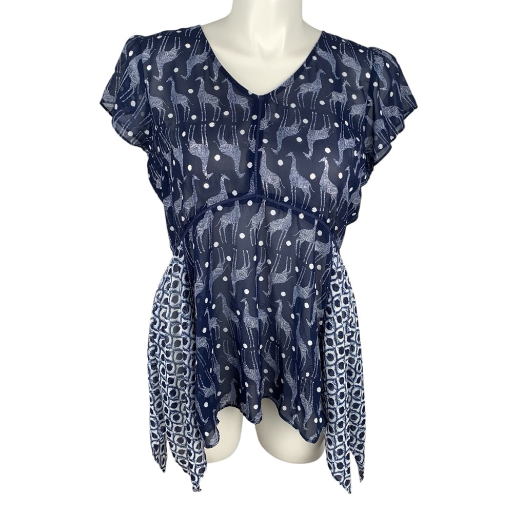 New Directions Tribal Geometric Giraffe Print Polka Dot Short Sleeve Top Large